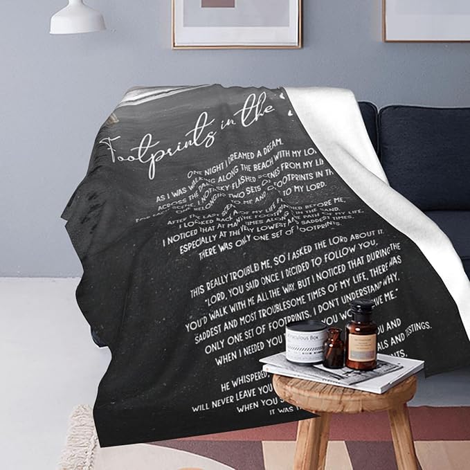 Footprints in The Sand Blanket Christian Gifts Bible Verse Scripture Throw Blanket Comfy Plush Flannel Fleece Warm Soft Fluffy Fuzzy Blanket for Prayer Adults Women Men for Bed Sofa Couch 50"X60"