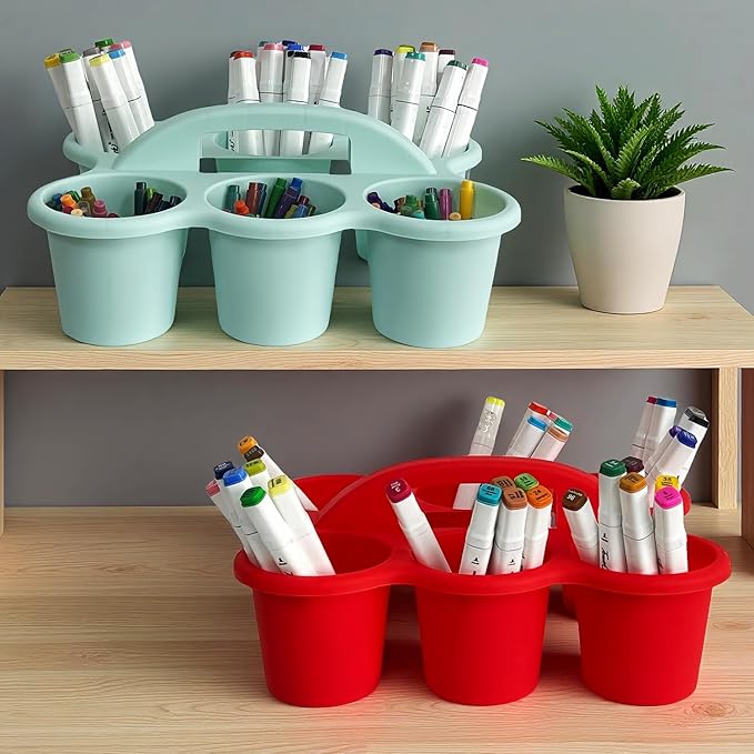 RAUVOLFIA 6 Pack Classroom Caddy Storage Basket with Handle, Plastic Drink Cup Caddy Holder, 6 Compartments for Kids, Table, Office, Arts, Crafts, Crayon, Marker, Pencil, School Supplies (Rainbow)