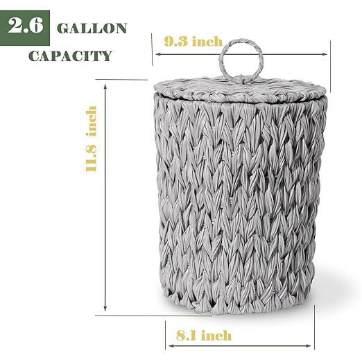 Plastic Wicker Trash Can with Lid - 2.6 Gallon Small Garbage Can with Removable Liner Bucket for Bedroom, Bathroom, Living Room - Boho Hand Woven Waste Basket for Home, Office, Grey