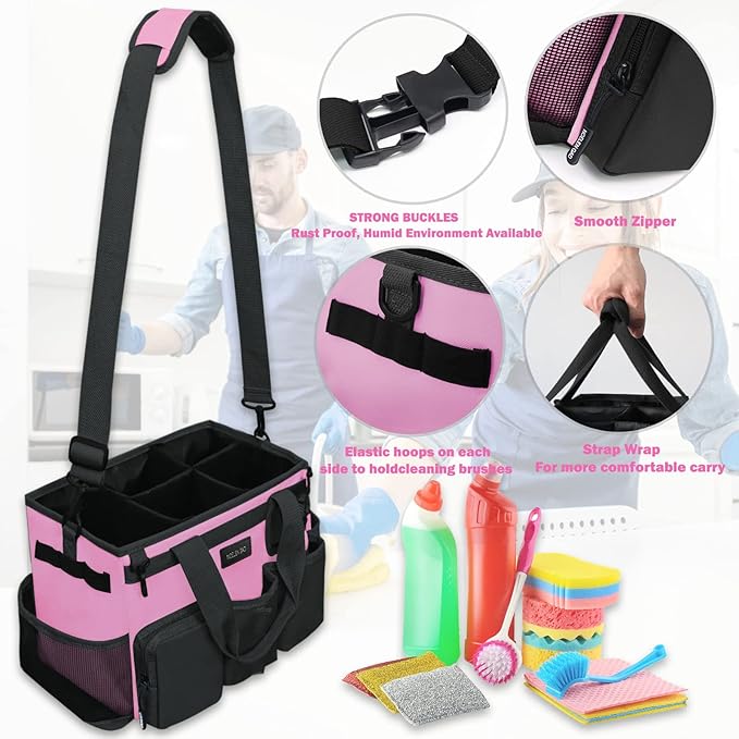 Wearable Cleaning Caddy Bag,Cleaning Supply Tote for Cleaning Supplies, Cleaning Organizer with Adjustable Shoulder and Waist Straps for Cleaners & Housekeepers (Pink, Large)