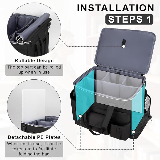 Large Rolling Cleaning Caddy with Wheels, Cleaning Supplies Organizer with Detachable Trolley, Water-resistant Cleaner Cart for Housekeepers, Multi Pocket Cleaning Cart with Shoulder Strap, Black