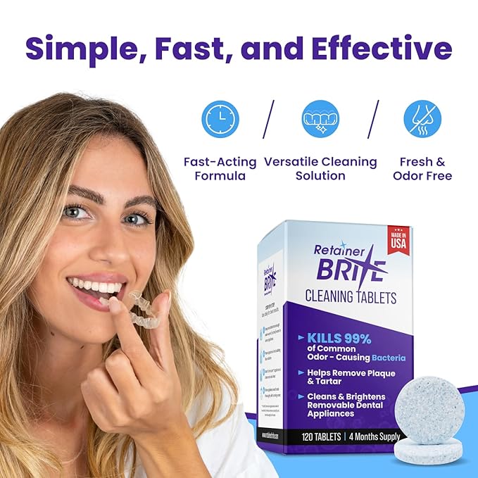 Retainer Brite - Retainer Cleaner Tablets for Invisalign, Mouth Guard Cleaner, Night Guard Cleaning and More. Cleaning Tablets for Ultrasonic Cleaners. 120 Tablets - 4 Month Supply. Made in USA