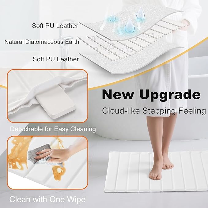 Extra Large 24"x18" Stone Dish Drying Mat with Sink Mat, Super Absorbent Diatomaceous Earth & Microfiber, Quick-Dry Foldable Kitchen Counter Drying Pad for Dishes, Bottles & Utensils – White