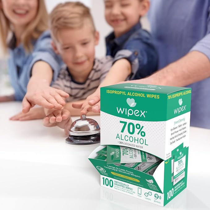 Wipex 70% Isopropyl Alcohol Wipes - Individually Wrapped Sachets, Large Electronic Wipes in Dispensing Box for Sanitizing - 100 Count (Pack of 12)