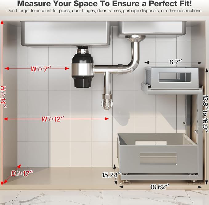 2 Pack 15.74IN-Depth Under Sink Organizer With Next-Gen Ball-Bearing Slides,2-Tier Pull Out Cabinet Storage,Height Adjustable Drawer Shelf for Bathroom,Kitchen,Laundry,Cabinet,Pantry-Gun Gray