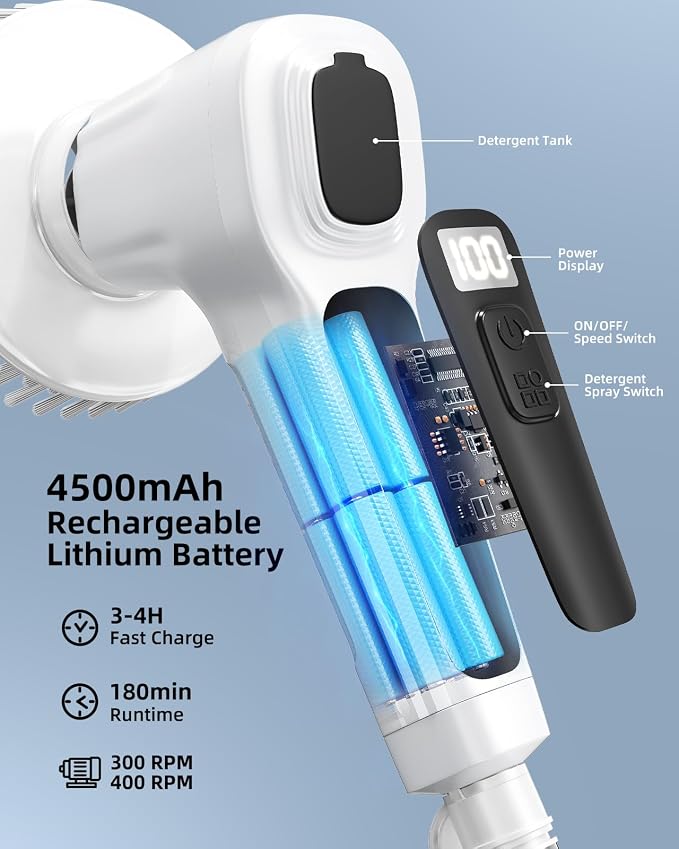 Electric Spin Scrubber,IP68 Professional Waterproof Spin Scrubber，5400mAh Battery Power Spin Scrubber, 51 inch Cordless Household Cleaning Brush with Automatic Water Spray (White)