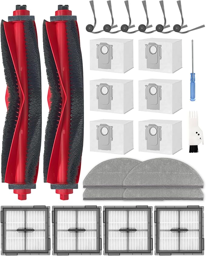 24 Pcs Accessories Kit for Roborock Q10 X5+/Q10 PF+ Robot Vacuum Cleaner, Replacement Parts with 2 Main Brush, 6 Side Brushes, 4 HEPA Filters, 6 Dust Bags, 4 Mop Pads, 1 Cleaning Brush