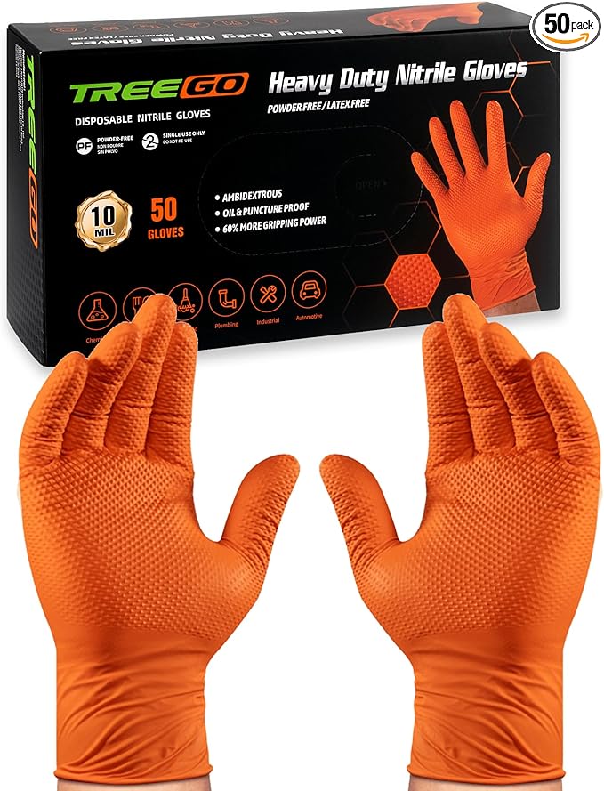 TREEGO 10 Mil Nitrile Gloves Large - Disposable Heavy Duty Rubber Gloves, Double Diamond Texture Mechanic Gloves, Latex Free Industrial Work Gloves for Garage & Tools, 50 Count Large