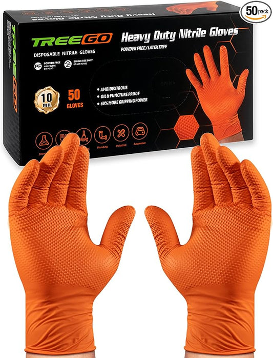 TREEGO 10 Mil Nitrile Gloves Disposable Orange Gloves - Heavy Duty Rubber Mechanic Gloves with Double Diamond Grip, Latex Free Industrial Work Gloves for Tools & Garage, 50 Count Medium