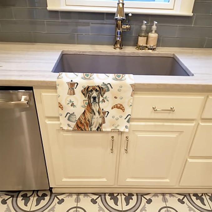 Caroline's Treasures Brindle Great Dane Coffee Bar Kitchen Towel Velour Plush Front and Cotton Loop Back Machine Washable