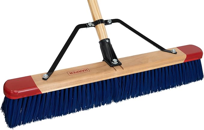 Harper 24 Inch Push Broom with Stiff Bristles, Premium Heavy Duty Outdoor Wet/Dry Rough-Surface, for Mulch, Gravel, Oil Dry, Dirt, Soil, with Long Wooden Handle
