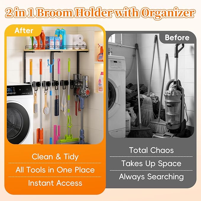 HOOMESUN Broom Holder Wall Mount with Shelf & Guard Rail, Upgraded No-Fall Storage, 120 lbs Heavy Duty Cleaning Organizer, 5 Clamps 4 Hooks, Thick Metal & Wood Rack for Laundry Room Garage