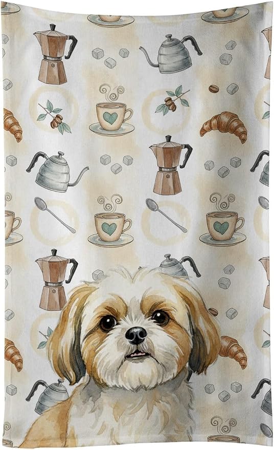 Caroline's Treasures Gold and White Shih Tzu Coffee Bar Kitchen Towel Velour Plush Front and Cotton Loop Back Machine Washable