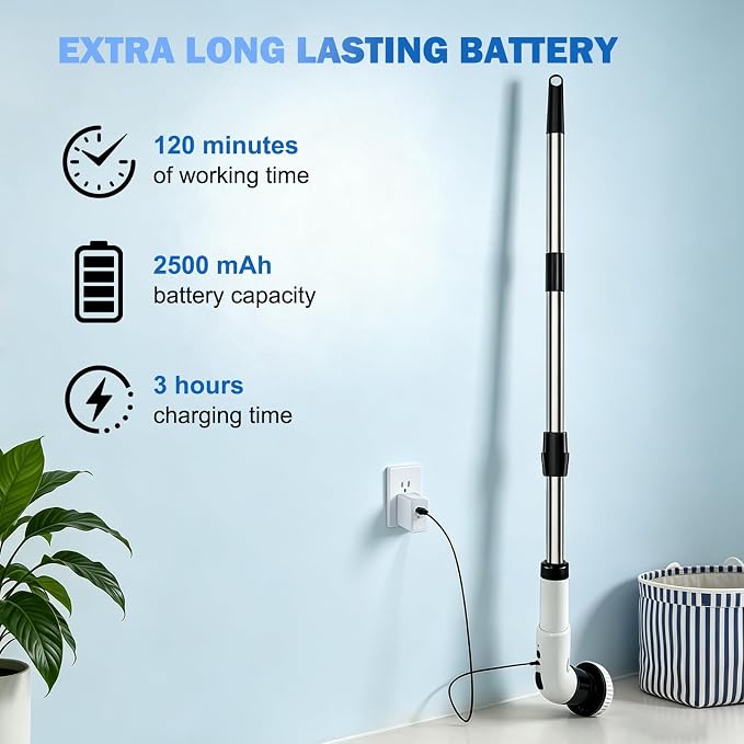 Electric Spin Scrubber, Cordless Shower Scrubber with 9 Scrub Brushes, 2 Speed & Battery Level Display, Adjustable Extension Handle Power Scrubber for Bathroom Tile Tub Floor