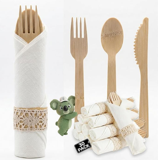 Pre Rolled Napkin and Bamboo Cutlery Set - 30 Pack Bamboo Utensils Wooden Cutlery 30 Forks 30 Knives 30 Spoons 30 Napkins, Pre Wrapped Disposable Silverware Cutlery for Party, Wedding, Events