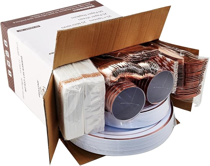 250 Count Rose Gold Disposable Plastic Dinnerware Set, 50 Rose Gold Plastic Plates, 25 Silverware, 25 Cups and Straws, 50 Napkins, Perfect for Wedding Party