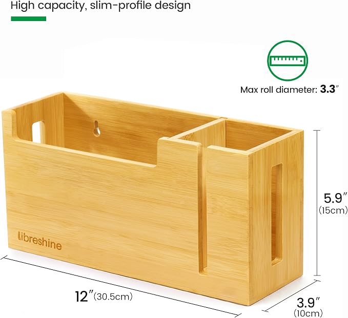Libreshine Bamboo Trash Bag Dispenser & Holder 1.2–4 Gallon, No-Drill Adhesive Wall Mount & Cabinet Door, Fits Up to 3.3” Diameter Rolls, Mini Garbage Bag Organizer for Kitchen Under Sink