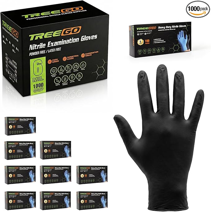 TREEGO 6 Mil Black Nitrile Gloves Medium, 1000 Count Disposable Powder-Free Latex-Free, Cleaning Janitorial Gloves, Food Safe Medical Exam