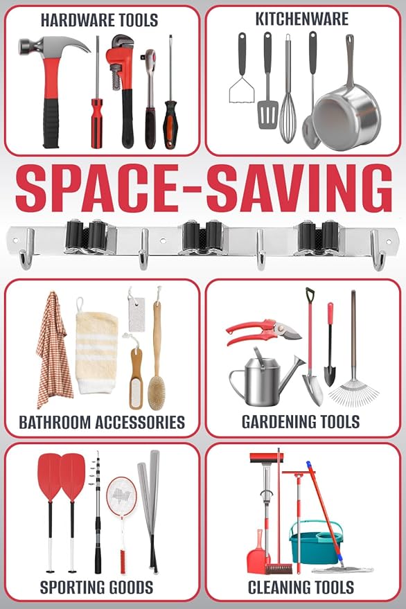 The Good Stuff Compact Mop and Broom Holder Wall Mount – Stainless Steel Organizer with 3 Racks and 2 Hooks – Rust-Resistant, Space-Saving Tool Hanger for Closet, Kitchen, Garage, or RV