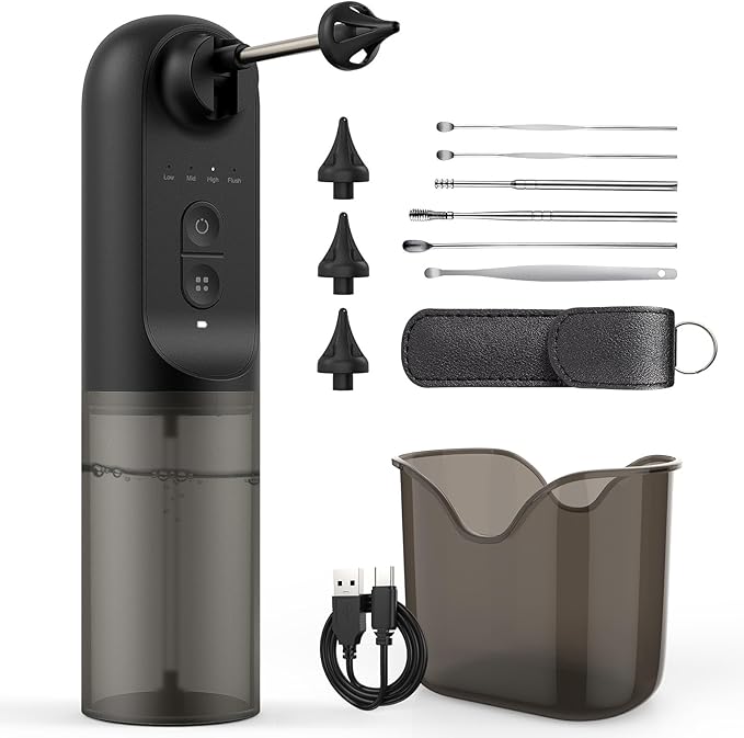 Ear Wax Removal Kit, Ear Cleaner Earwax Removal, Ear Wax Removal Tool, Superior IPX5 Waterproof, 4 Safe and Sufficient Power Pressure Settings, 6 Pcs Ear Pick (Grey)