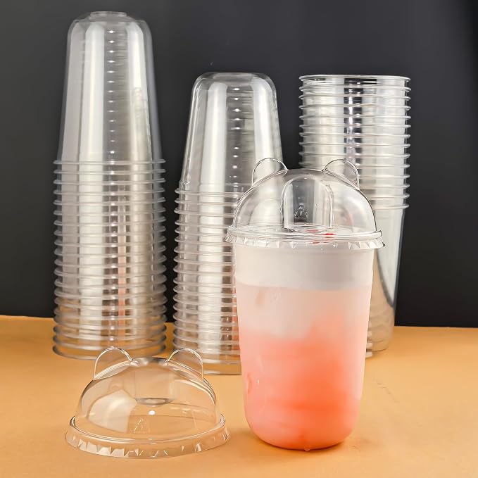 Qsqwsuye 16oz 50 Set Disposable Plastic Cups with Dome Lids and Straws, Clear Iced Coffee Cups with lids, Round Bottom Plastic Cup for Milkshakes Juice Beverages Holiday Party Outdoor Picnic Supplies