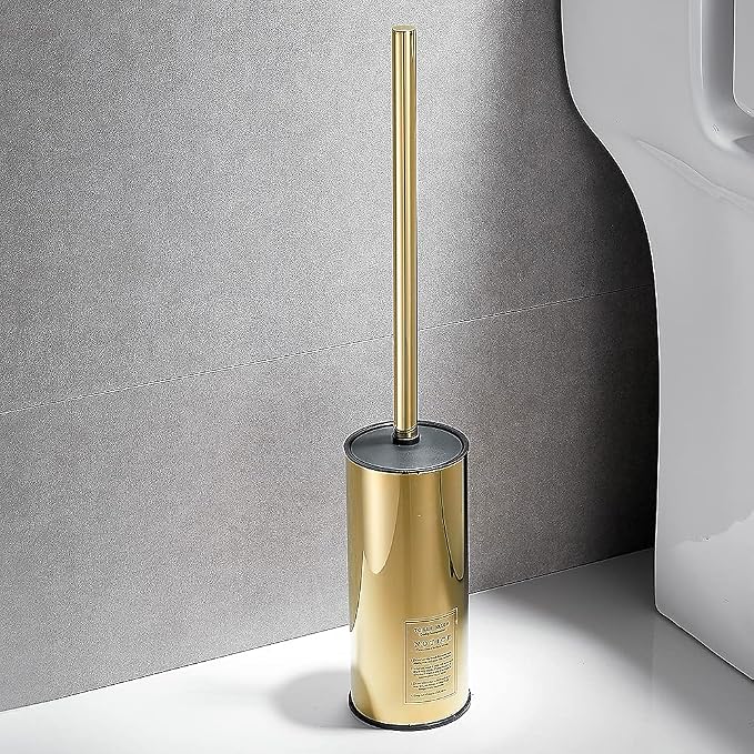 Freestanding Toilet Brush Holder for bathrooms 304 Stainless Steel Toilet Brush Stand Round Storage and Organization Rust Resistant 18-inch high Polished Gold Finished