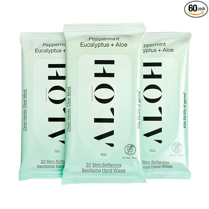 ALŌH Peppermint Eucalyptus + Aloe Sanitizing Hand Wipes - Clean Hands, Clear Mind On The Go Sanitizer for Kids and Adults - Travel Size 3 Pack 20ct Wipes (60 Wipes)