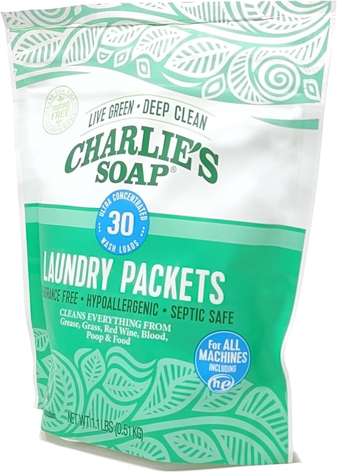 Charlie’s Soap – Fragrance Free Powdered Laundry Detergent Packets – 30 Pods (1 Pack)…