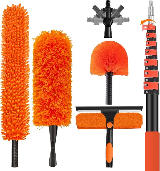 36FT High Reach Duster with Extension Pole 5-30FT, 4-in-1 Cleaning Kit with Universal Swivel Joint, High Ceiling Fan Cleaner Duster, Cobweb Duster, Microfiber Feather Duster and Window Squeegee