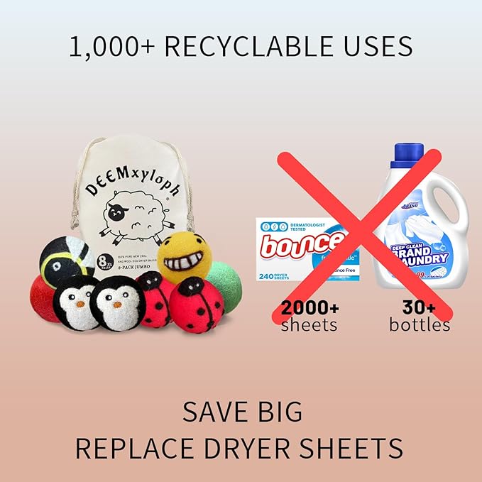 Ladybug Pattern Wool Dryer Balls (8pcs/3"),Friendly Dryer Sheet Alternative, Red & Black Colorway, All-Season Use - Reduce Wrinkles & Lint for Bedding, Towels, Everyday Wear