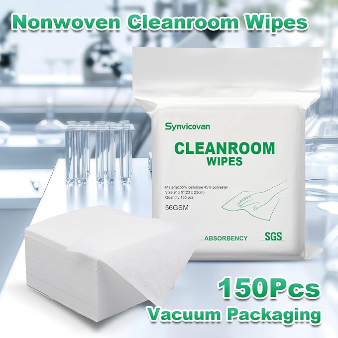 Cleanroom Wipes 9"x9" (150 Pcs, Cellulose/Polyester Blend, Grade B, 56GSM) Lint Free Wipes for Laboratory, Electronics, Pharmaceutical,Printing,Automotives and Semiconductor Industries