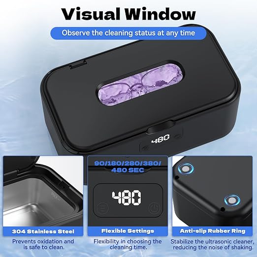 Ultrasonic Jewelry Cleaner, 50Khz Jewelry Cleaner Ultrasonic Machine for Jewelry, Eyeglasses, Rings, Watch Strap, Dentures, 24oz - 304 Stainless Steel Tank, Digital Timer, 5 Cleaning Modes