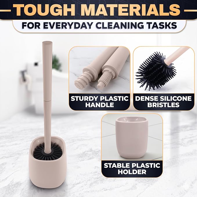 Toilet Brush and Holder Set - Silicone Toilet Brush Cleaner with Cream Holder Base, Compact Bath Accessory for Small Spaces - Easy to Place & Simple to Store After Use, Plastic Bathroom Cleaning Tool