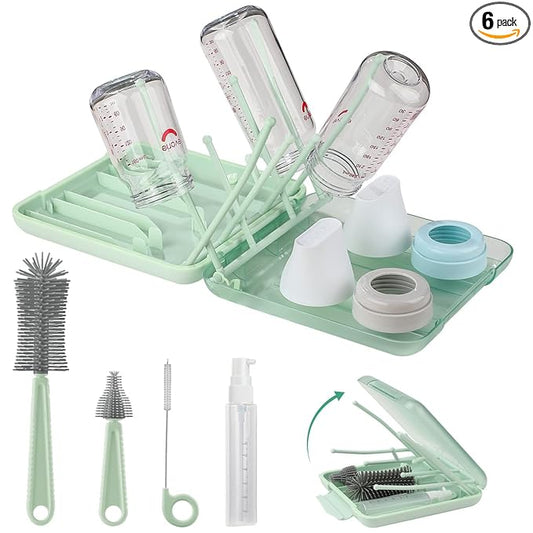 Baby Bottle Brush Set,6 in 1 Travel Silicone Bottle Cleaner Kit with Extendable Brush,Built-in Drying Rack,Nipple & Straw Brushes,Soap Dispenser & Organizer Case – Baby Shower Gift for New Moms