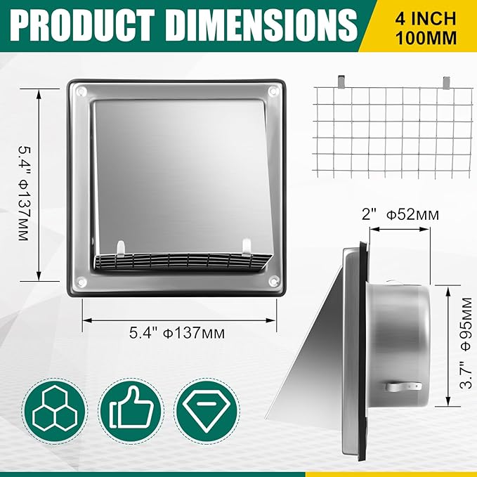 4'' Dryer Vent Cover Outside Exhaust Wall Vent Cover with Grille Screen Flap Stainless Steel Metal Exterior Dryer Hood Shroud for Outdoor House Pest Proof