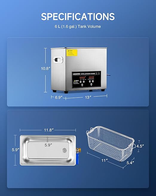 CREWORKS Ultrasound Cleaner with Heater and Timer, 1.6 gal Digital Sonic Cleaning Machine, 180W 6L Stainless Steel Jewelry Cleaner for Professional Tool Glasses Watch Retainer Denture Parts Cleaning