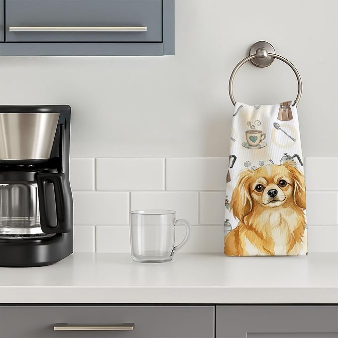 Caroline's Treasures Gold Tibetan Spaniel Coffee Bar Kitchen Towel Velour Plush Front and Cotton Loop Back Machine Washable