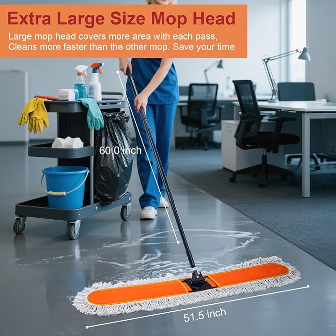 48" Commercial Dust Mops for Floor Cleaning, Heavy Duty Floor Duster with 60" Long Handle, Industrial Wet Dry Sweeper Mop with 2 Reusable Mop Pads for Janitor Indoor Warehouse Gym Hotel Clean