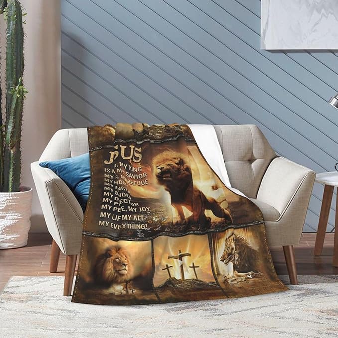 Christian Blanket for Men Christ Lion Jesus Religious Faith Throw Blanket Soft Cozy Warm Fuzzy Fleece Christian Bedroom Decor Blanket Gifts for Men Women Couch Sofa Bed 80"X60"