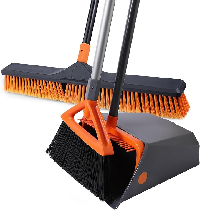 CLEANHOME 24”Push Broom Brush and Heavy Duty Outdoor Broom and Dustpan Set for Shop, Deck, Garage, Concrete,Indoor and Outdoor Sweeping