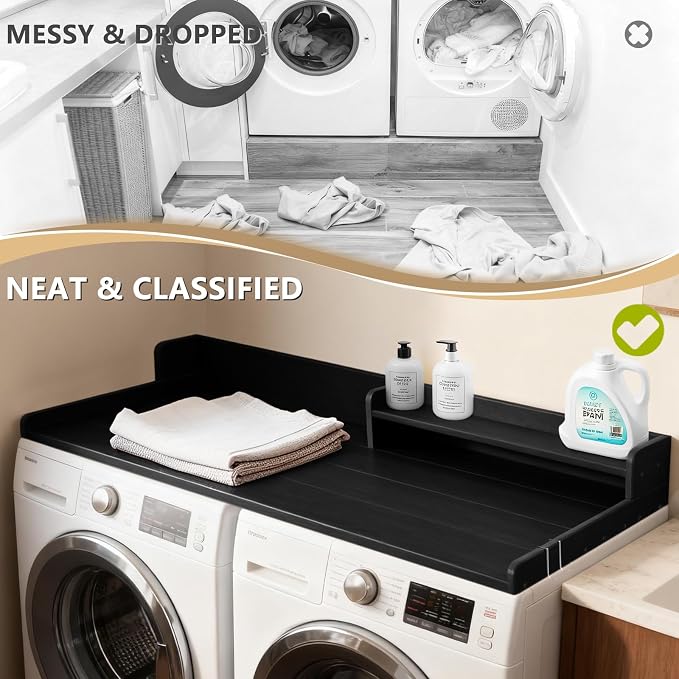 Washer Dryer Countertop, HDPE Laundry Countertop with Storage Shelf and Edge Rails-Black