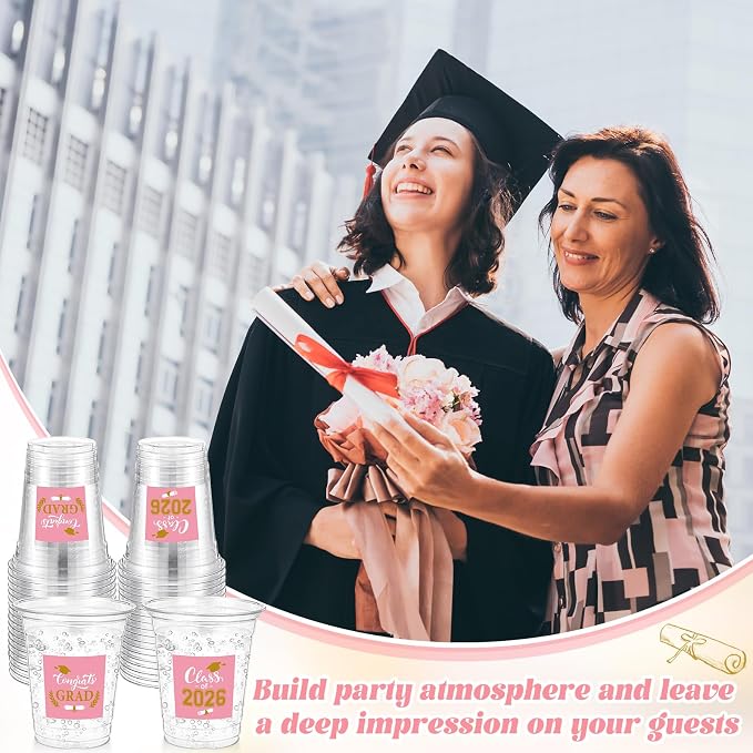 Amyhill 60 Pack 12oz Graduation Cups 2026 Graduation Decorations Disposable Plastic Cups Sturdy&Durable Drinkware for Class of 2026 Decorations Congrats Grad Party Favors Supplies (Pink)