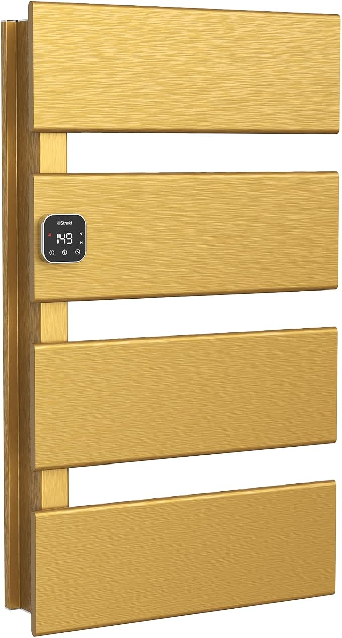 L Series Electric Towel Warmer for Bathroom, 4 Panel, Gold | Thermo Control and Timer, Fast Heat in 3 Mins, Dry Towels in 4 hrs, Memory Function, Work with Smart Plug, Left-Wiring