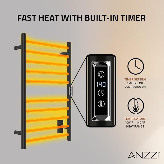 Bali Series 10-Bar Wall Mounted Electric Bathroom Towel Warmer Rack in Matte Black Finish Stainless Steel
