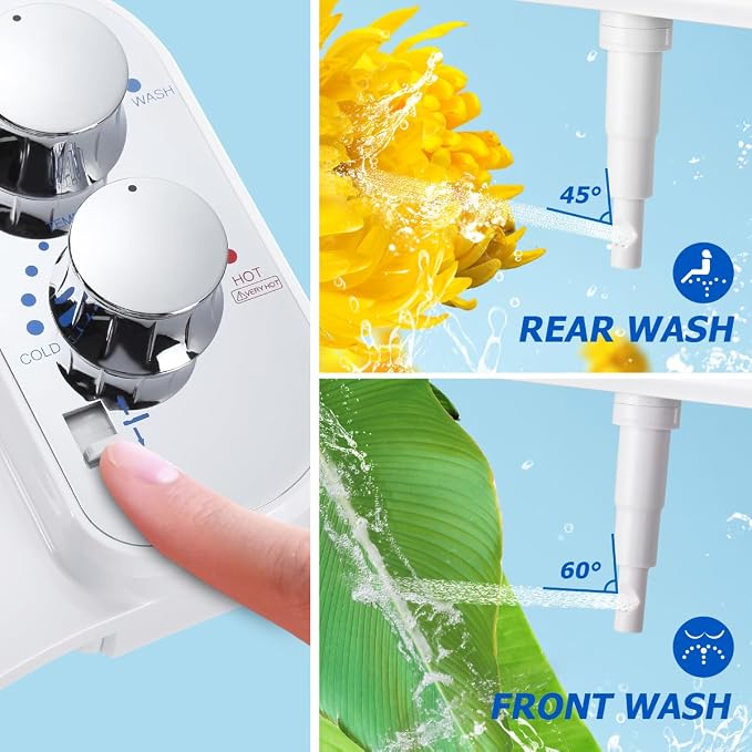 Upgraded Hot Cold Bidet Attachment - Front & Rear Wash, Adjustable Water Pressure, with Self-Clean, Retractable Single Nozzle, Non-Electric Warm Water Bidet Toilet Seat Attachment - Chrome