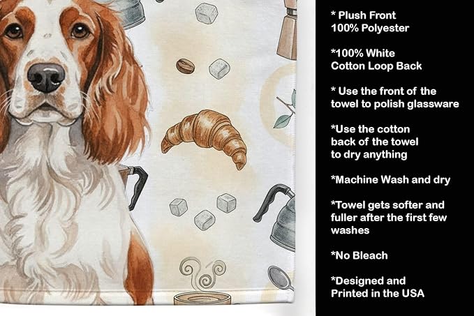 Caroline's Treasures Welsh Springer Spaniel Coffee Bar Kitchen Towel Velour Plush Front and Cotton Loop Back Machine Washable