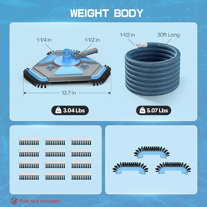 Professional Pool Vacuum Head and Hose, 360° Swivel Cuff 1-1/2" x 30 Ft Heavy Duty Flexible Vacuum Hoses, Weighted Manual Triangular Head with Bottom Brush for Inground & Above Ground Pool(No Pole)