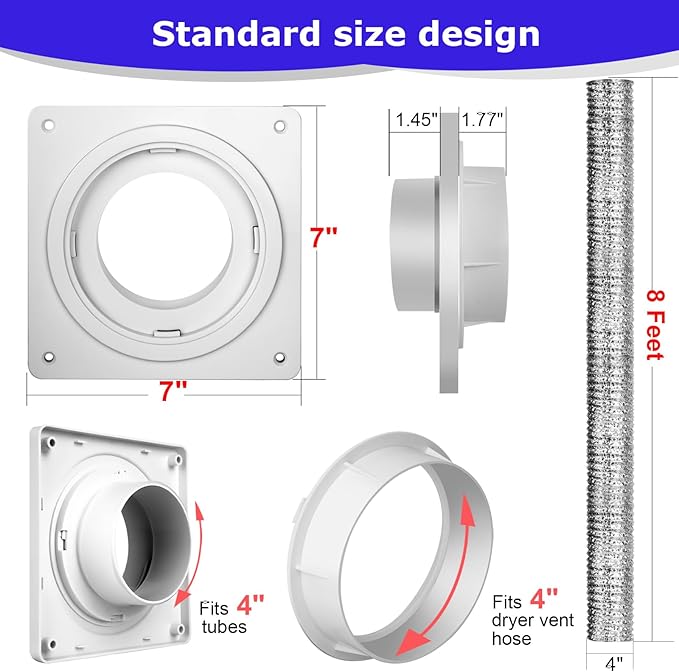 Dryer Vent Hose Connector Kit, Dryer Vent Wall Plate with Hose(4 inch 8 feet), Dryer Duct Connector with Quick Connect & Disconnect, Covers Area 7inch x 7inch, Fits 4 Inch, for Dryer Washer Bathroom