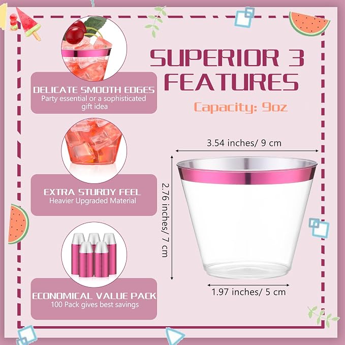 Lounsweer 100 Pcs 9oz Rimmed Plastic Cups Valentine's Clear Cocktail Cups Heavy Duty Wine Glasses for Valentine's Day Birthday Bridal Shower Baby Shower Wedding Holiday Celebrations(Hot Pink)