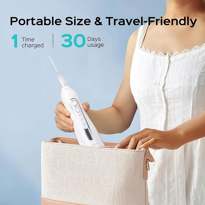COSLUS Water Flosser Pick with Whitening Mint Flavor Refill Combo for Teeth, Braces, Gums Care - Easy to Use, Portable for Travel & Coffee Lovers, Rechargeable, BPA-Free, White